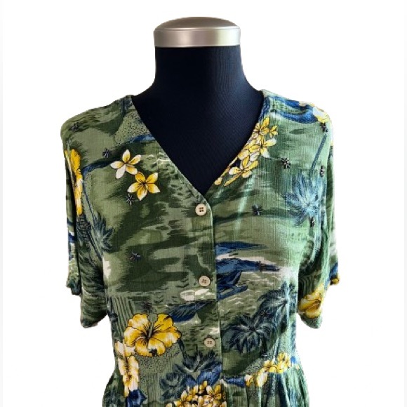 hoKus poKus Vtg Floral And Palm Tree Dress Partial Button Down In Front Size L - Picture 2 of 7